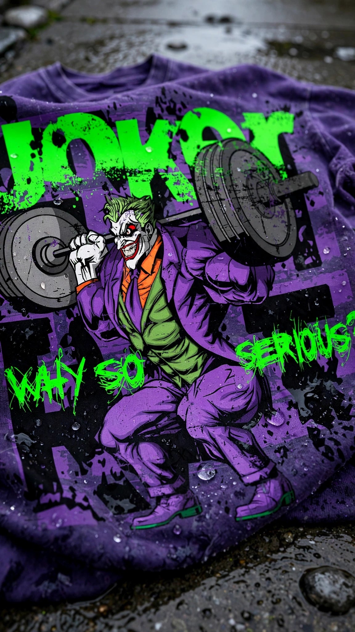 "WHY SO SERIOUS?" - Joker Purple Acid Wash Oversized Gym Shirt - 250 GSM Heavyweight Pump Cover - Funny Lifting Tee - Comic Villain Workout Shirt