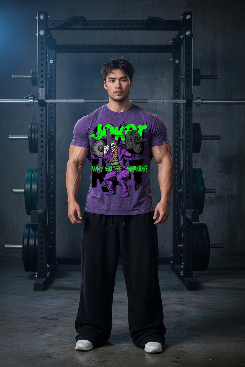"WHY SO SERIOUS?" - Joker Purple Acid Wash Oversized Gym Shirt - 250 GSM Heavyweight Pump Cover - Funny Lifting Tee - Comic Villain Workout Shirt