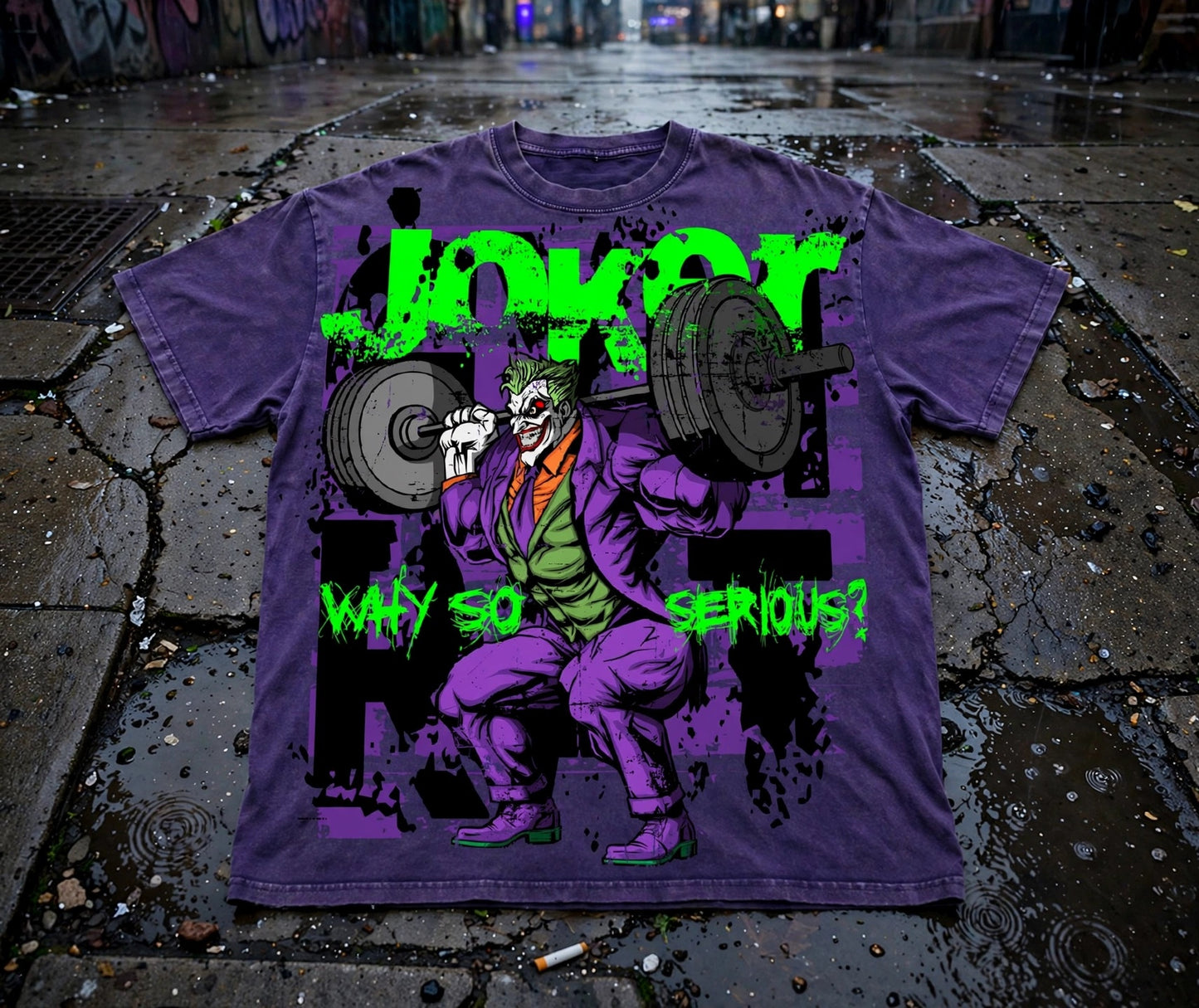 "WHY SO SERIOUS?" - Joker Purple Acid Wash Oversized Gym Shirt - 250 GSM Heavyweight Pump Cover - Funny Lifting Tee - Comic Villain Workout Shirt
