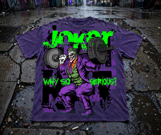 "WHY SO SERIOUS?" - Joker Purple Acid Wash Oversized Gym Shirt - 250 GSM Heavyweight Pump Cover - Funny Lifting Tee - Comic Villain Workout Shirt