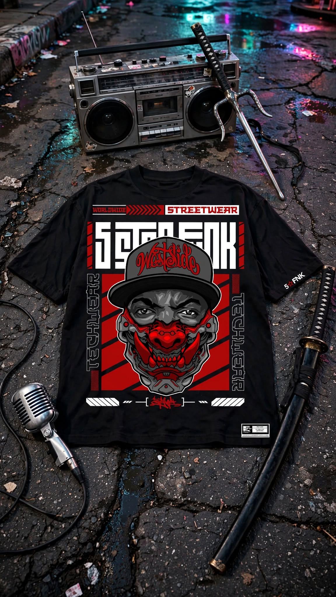 5STARFUNK Westside Omni Mixtape Volume 2 Tee - N.W.A. meets Neo-Tokyo - Black Oversized Streetwear Graphic Shirt