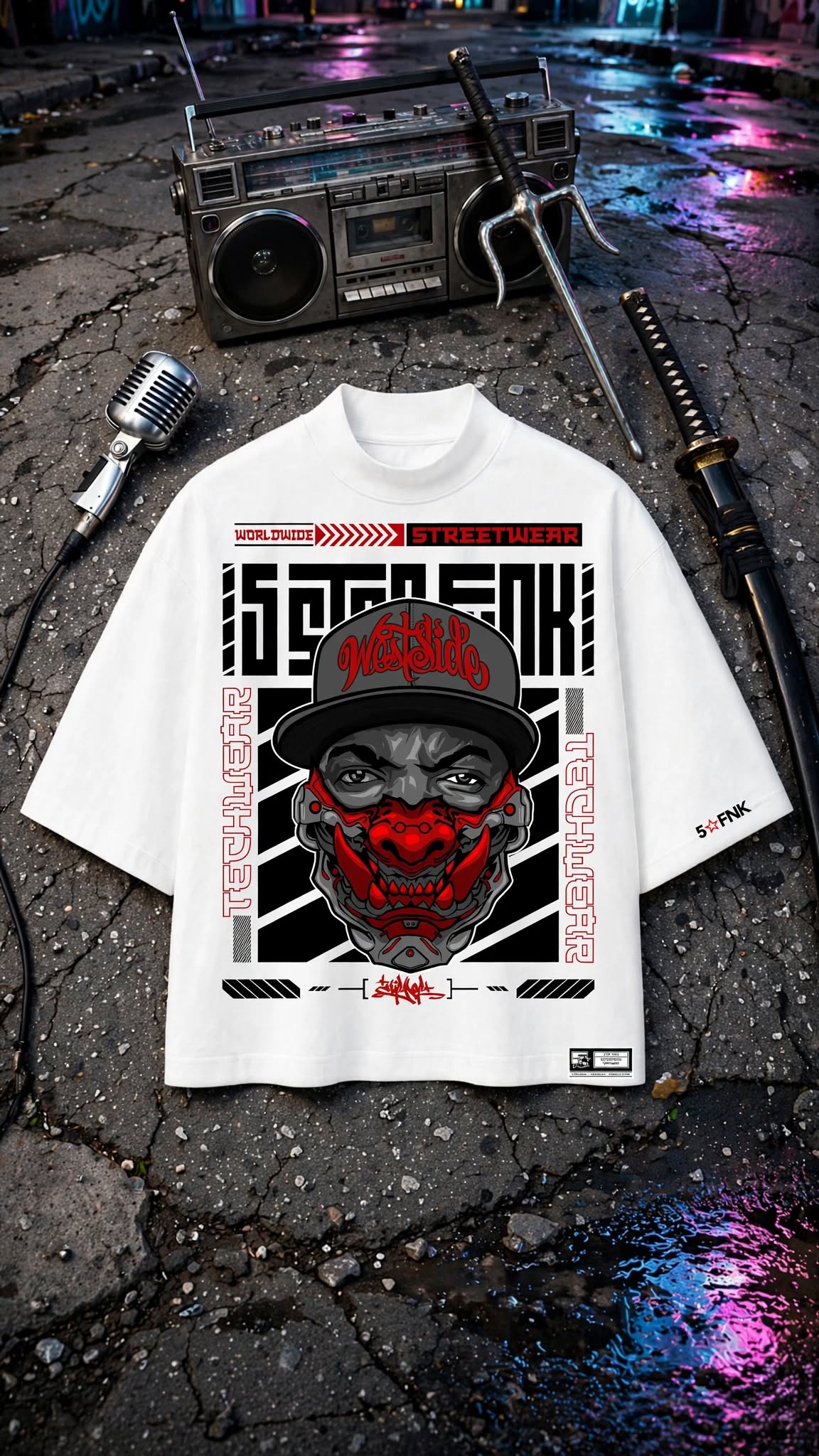 5STARFUNK Westside Omni Mixtape Volume 2 Tee - N.W.A. meets Neo-Tokyo - Black Oversized Streetwear Graphic Shirt