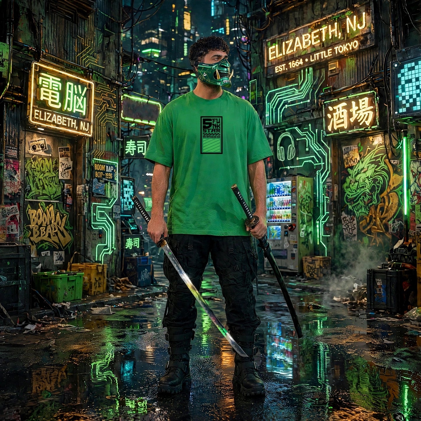Feudal Doom - Kelly Green CyberFunk T-Shirt - Hip Hop Techwear Mix Tape Fusion - 90's Nostalgia x Future Flavor | 5 Star Funk