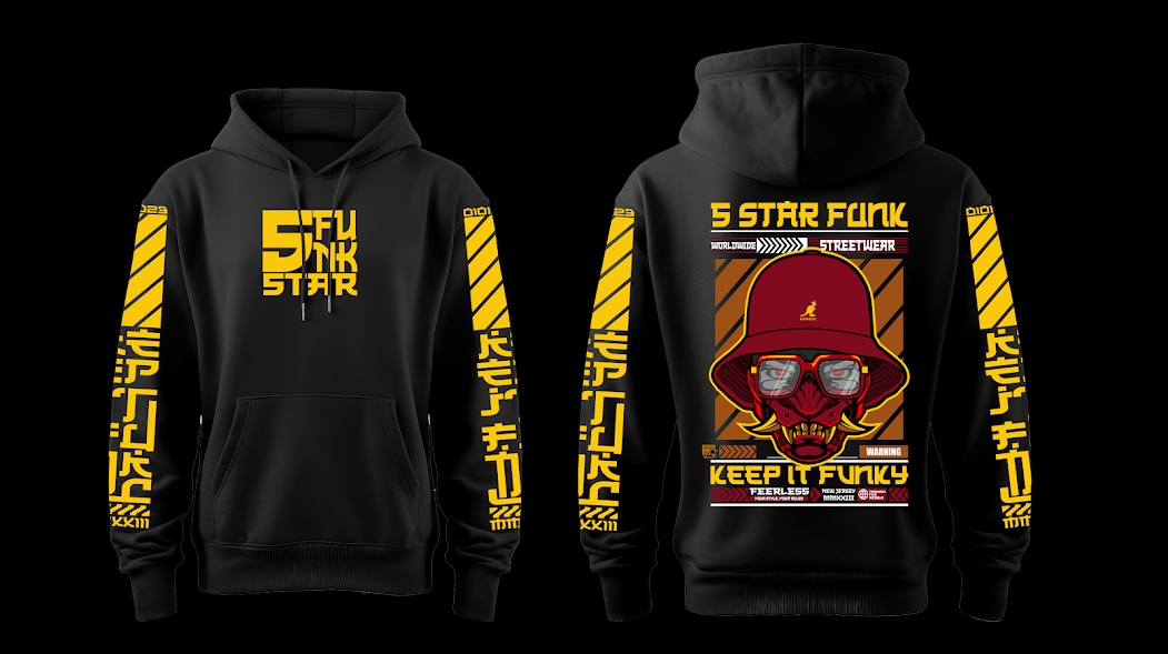 5 Star Funk Hip Hop Tech wear, unisex, graphic apparel, pullover, streetwear hoodie t-shirt