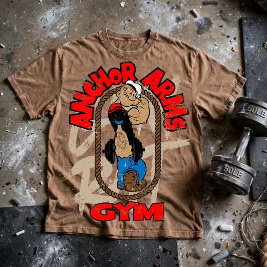 Oversized Gym T-Shirt | "Anchor Arms Gym" T-Shirt - Vintage Popeye Gym Shirt | Bodybuilding Tee | Acid Wash Brown | Acid Wash Gray | Hardcore Lifting Shirt for Men