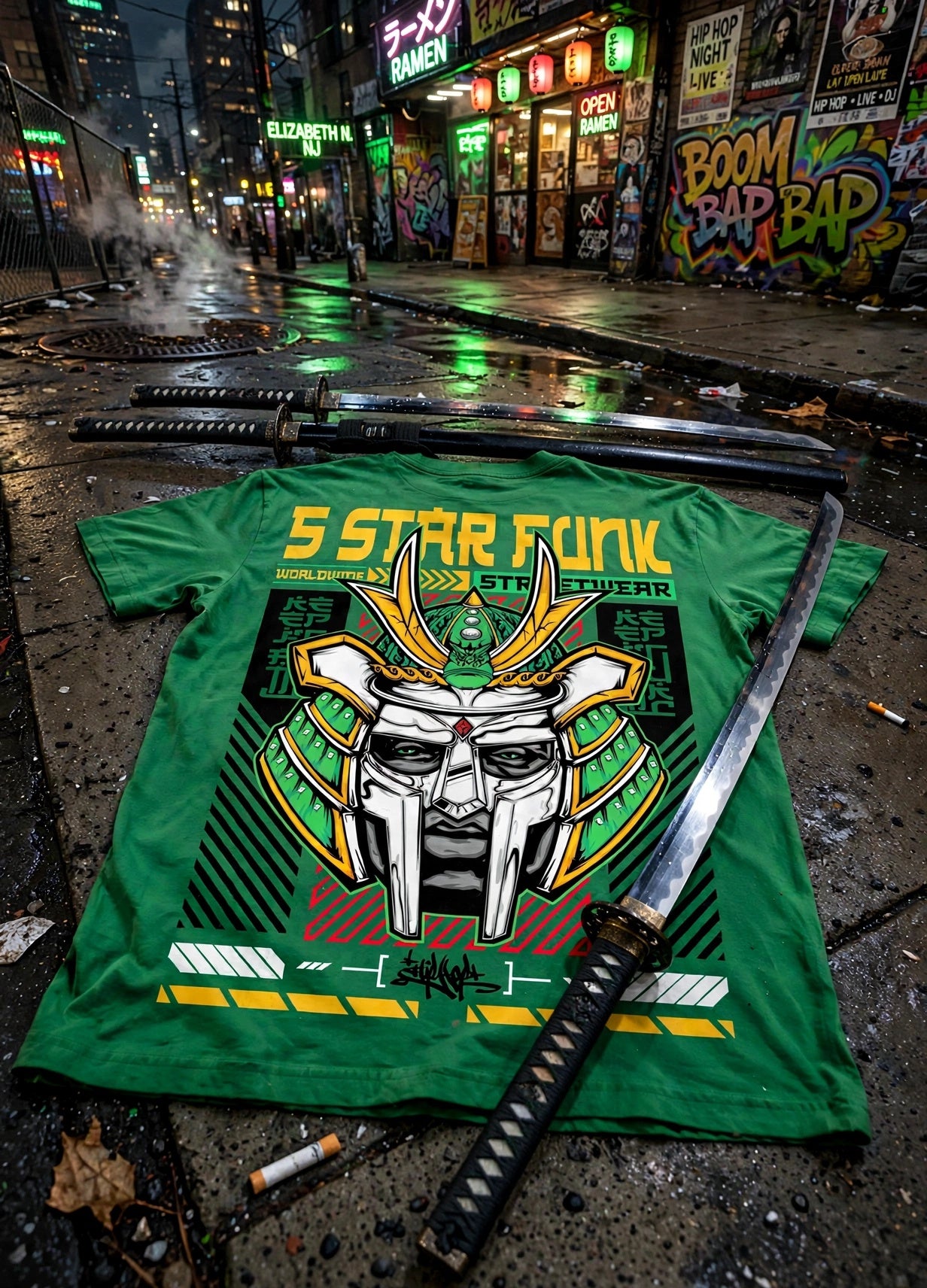 Feudal Doom - Kelly Green CyberFunk T-Shirt - Hip Hop Techwear Mix Tape Fusion - 90's Nostalgia x Future Flavor | 5 Star Funk