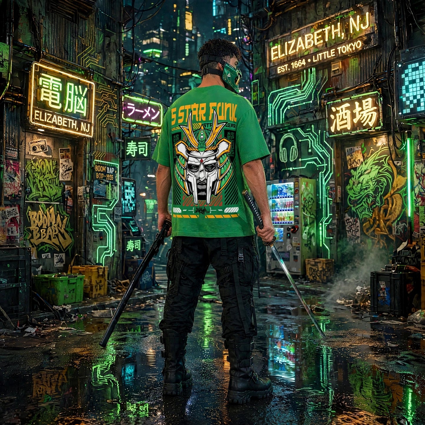 Feudal Doom - Kelly Green CyberFunk T-Shirt - Hip Hop Techwear Mix Tape Fusion - 90's Nostalgia x Future Flavor | 5 Star Funk