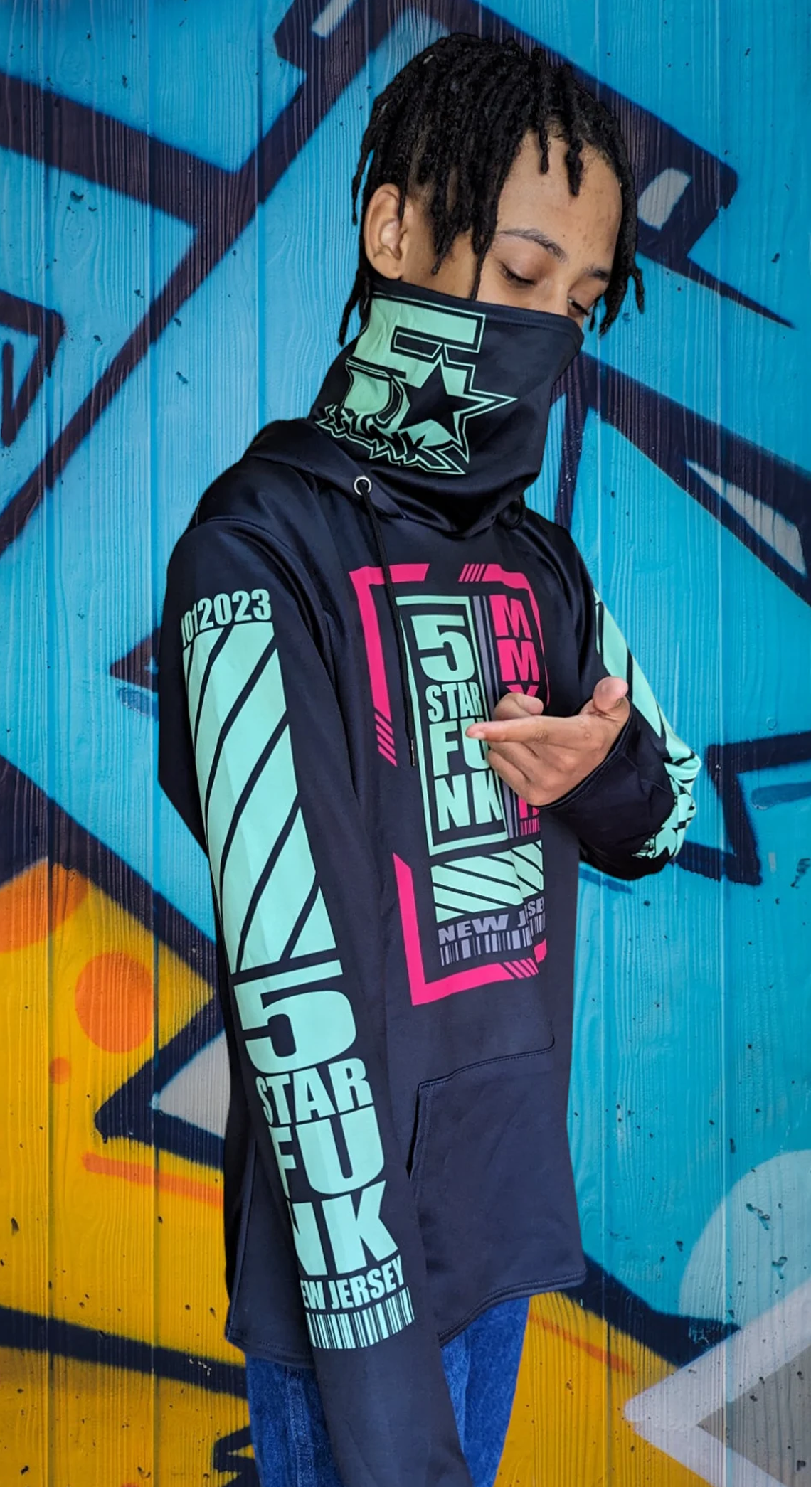 5 Star Funk Phase 1 Techwear Hoodie With Mask, unisex, graphic apparel, pullover