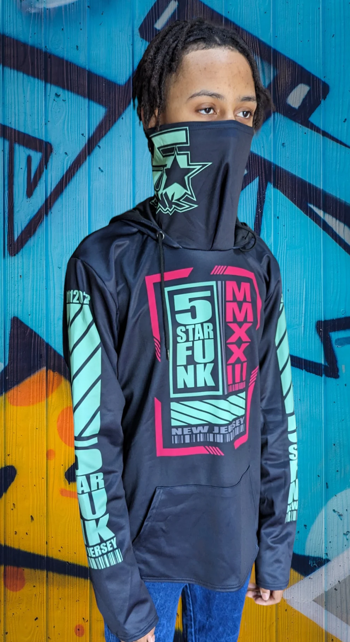 5 Star Funk Phase 1 Techwear Hoodie With Mask, unisex, graphic apparel, pullover