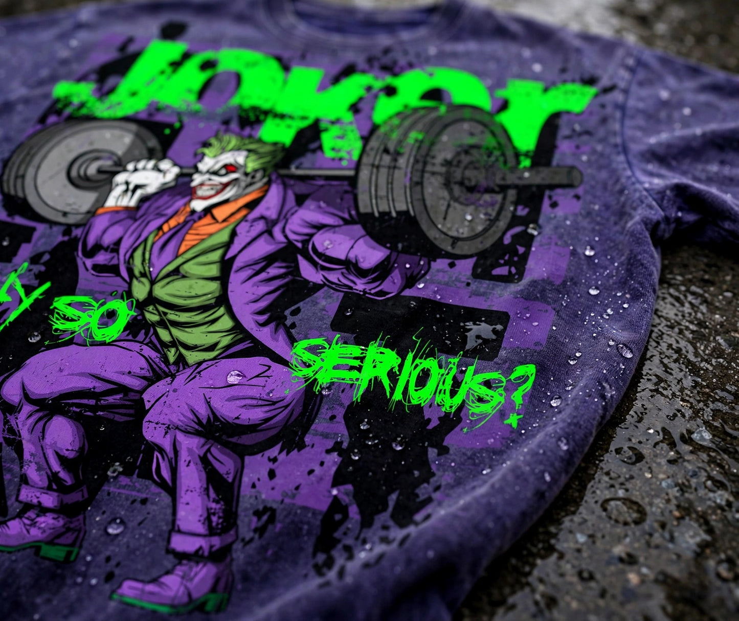 "WHY SO SERIOUS?" - Joker Purple Acid Wash Oversized Gym Shirt - 250 GSM Heavyweight Pump Cover - Funny Lifting Tee - Comic Villain Workout Shirt